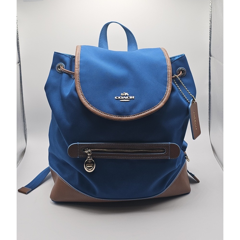 COACH 37240 SAWYER BACKPACK CANVAS BRIGHT MINERAL BLUE LEATHER TRIM GOLD